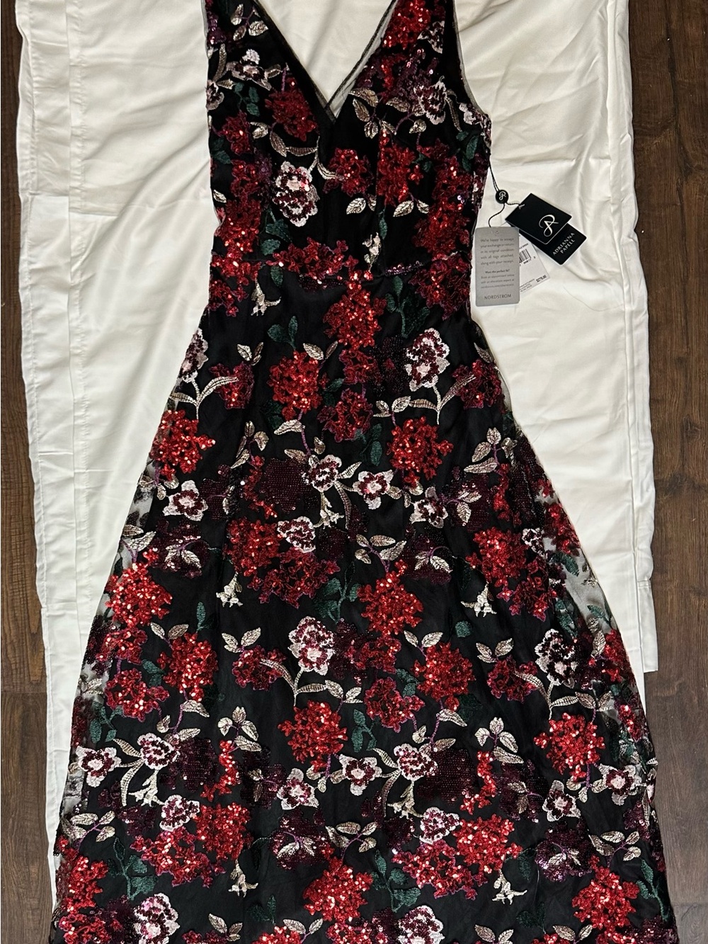 Adrianna Papell Black Dress with Red Floral Sequin Embroidery